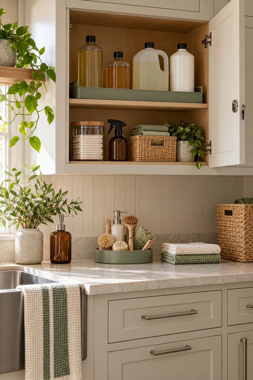 Store Concentrates on a High Shelf in an organized naturally minded cleaning station