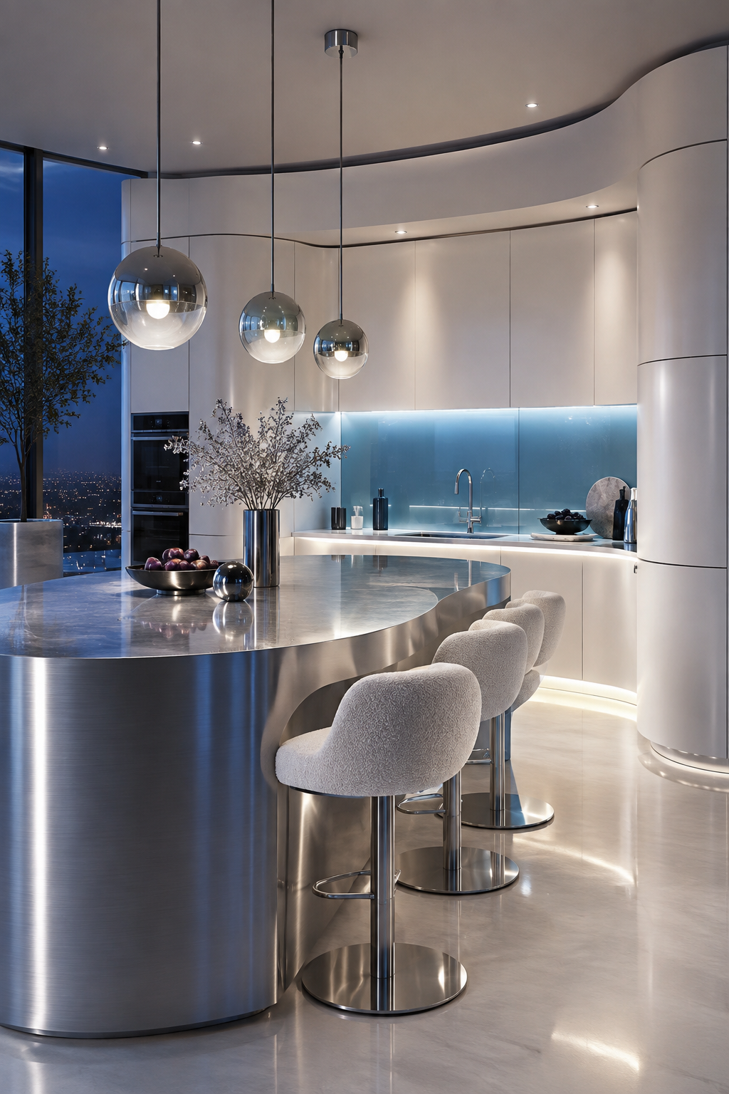 Pearl and chrome kitchen with curved island and orb pendants