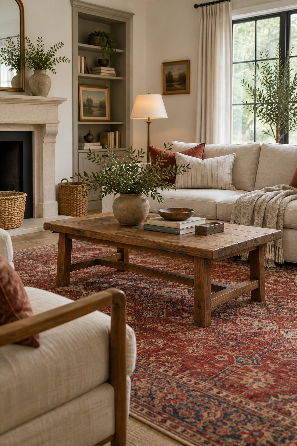 Layer a Vintage Red Rug beneath Simple Furniture