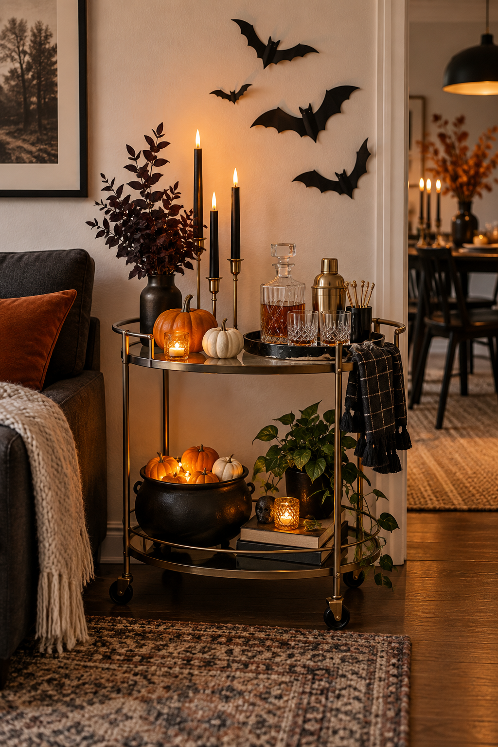 Build a Compact Bar Cart Display styled as Halloween apartment decor ideas