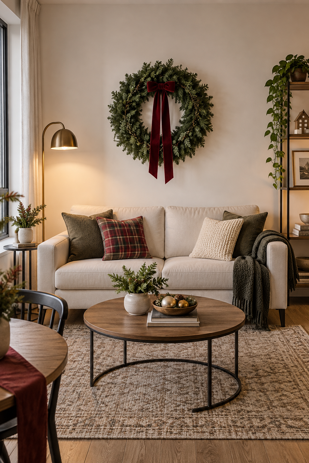 Hang a compact Christmas wreath on a wall