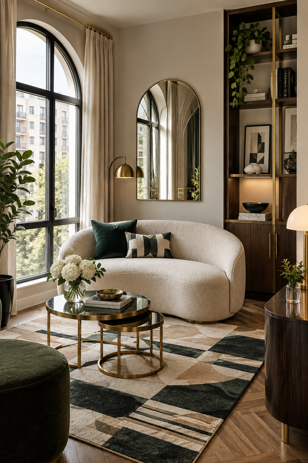 Small apartment decorated in Neo Deco style with compact curved furniture and mirrored accents