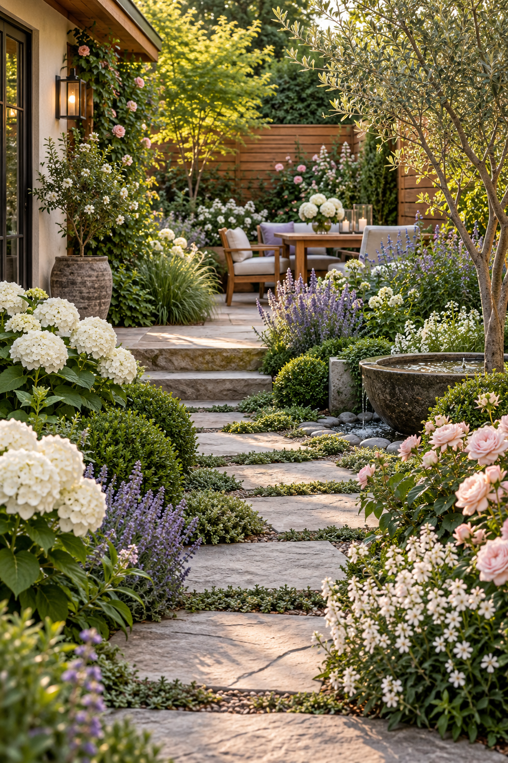 Choose a Calm Three-Color Plant Palette in a small backyard garden