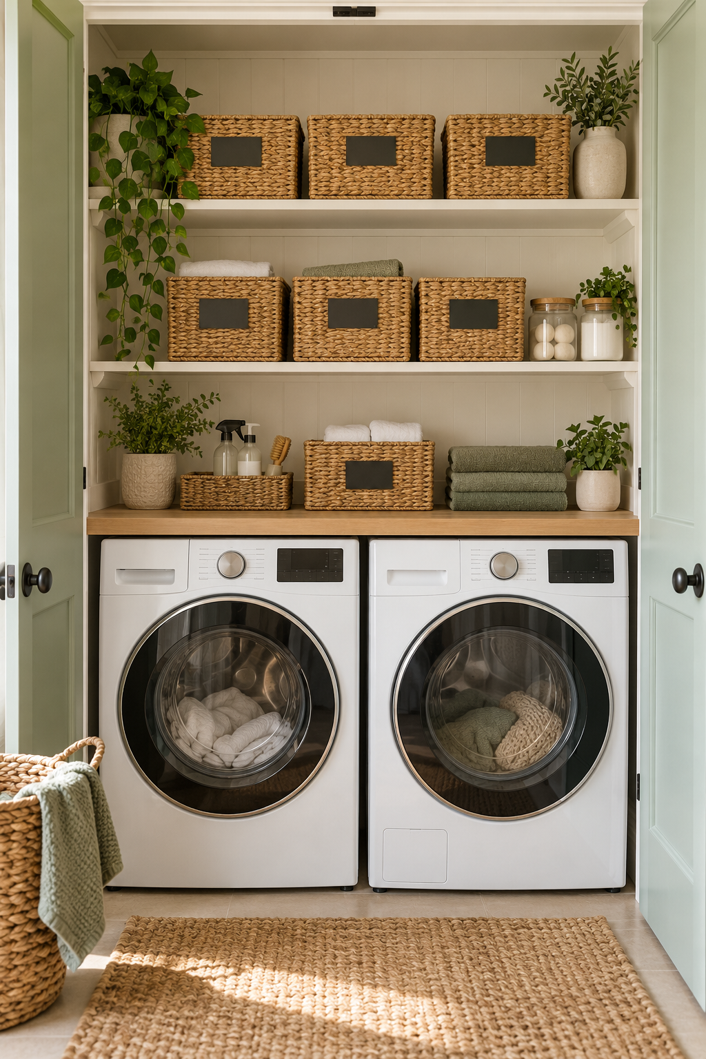 Use Matching Baskets with Clear Labels in a compact organized laundry room