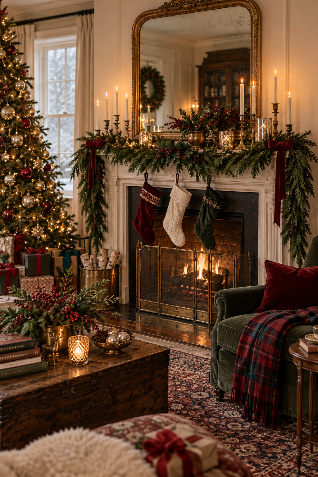 Use Brass Candlesticks with Evergreen Garlands