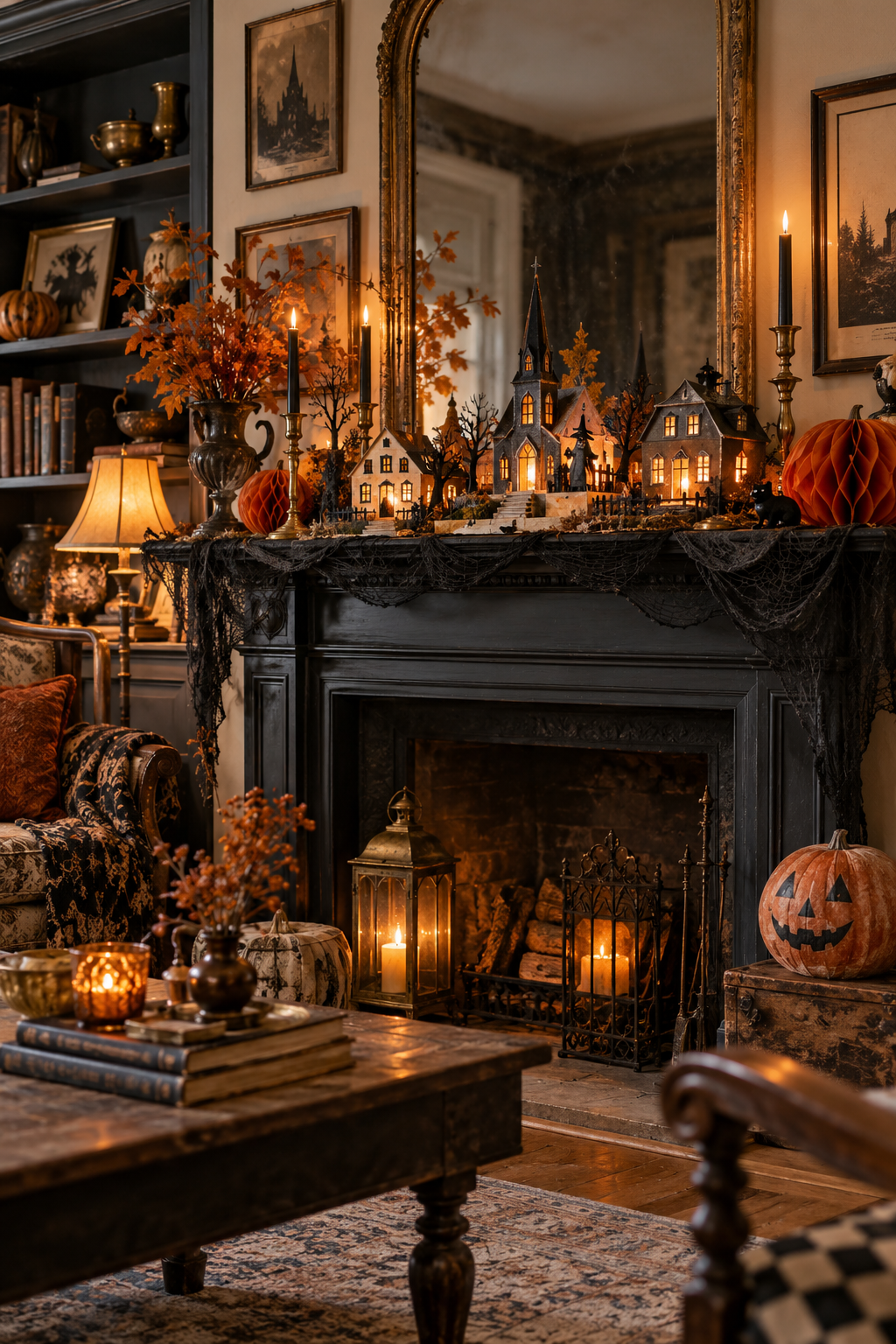 Build a Nostalgic Mantel Village styled as vintage Halloween decor ideas