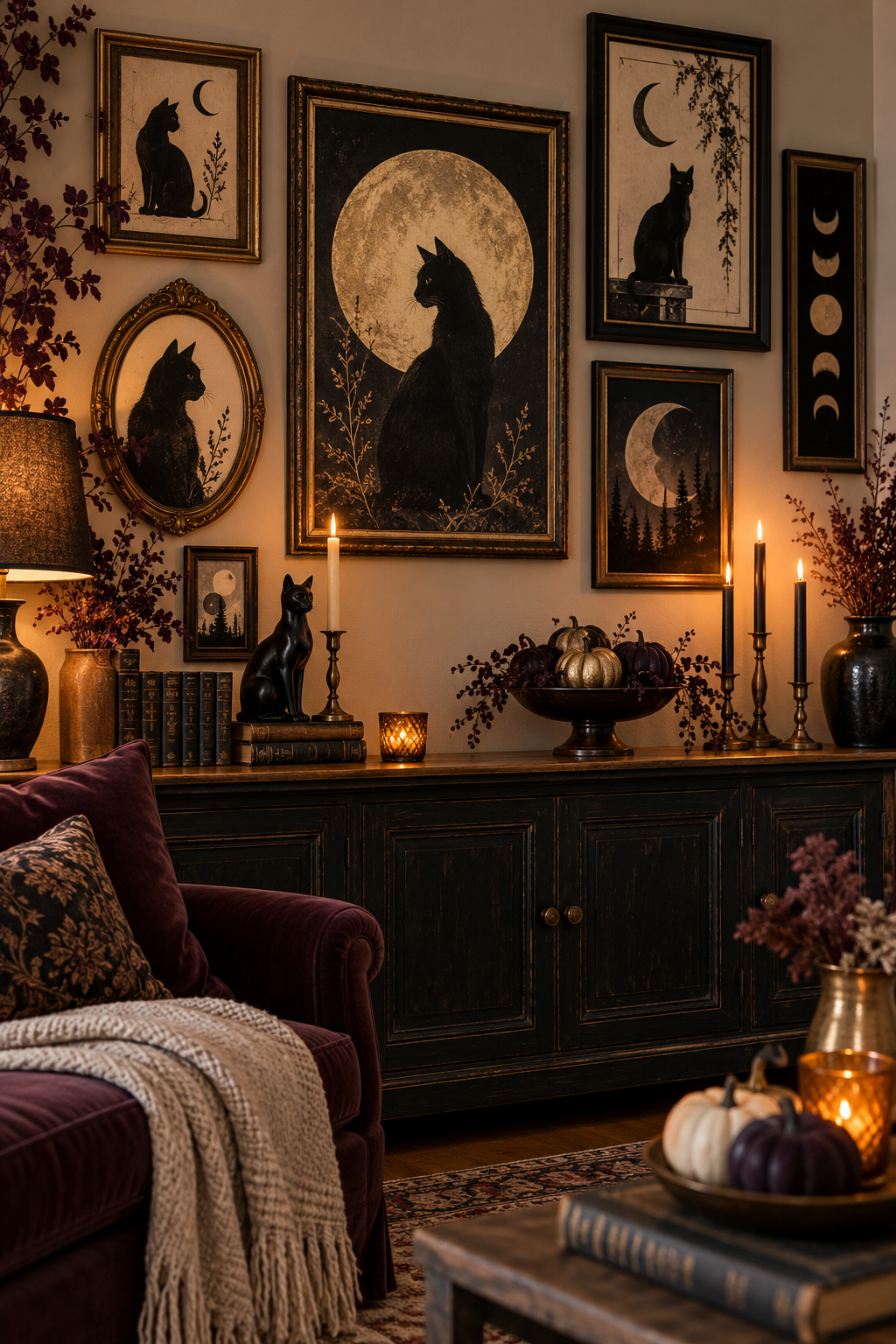 Build a Vintage Black Cat Gallery Wall styled as black cat Halloween decor ideas