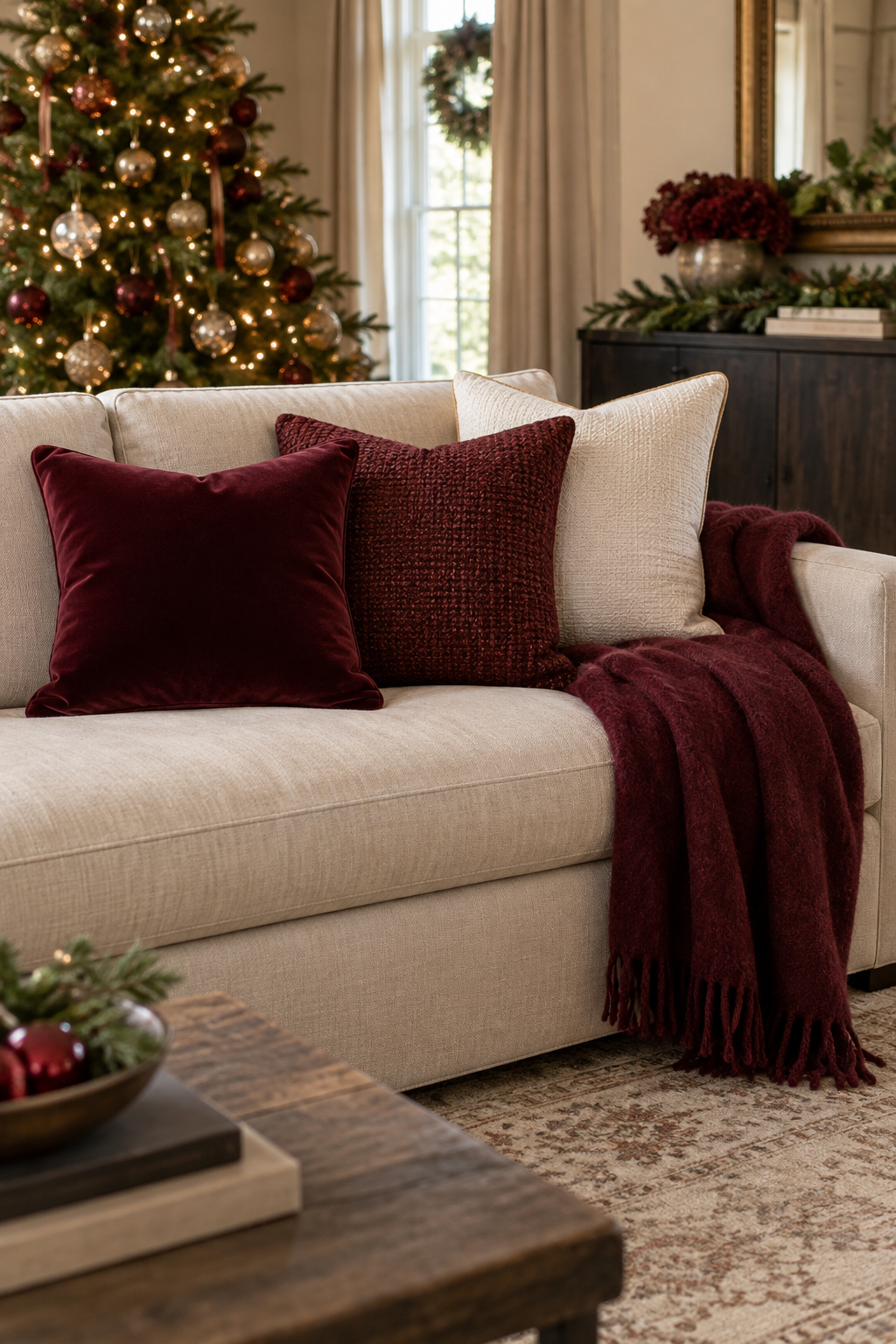 Neutral sofa styled with burgundy velvet Christmas pillows and wool throw