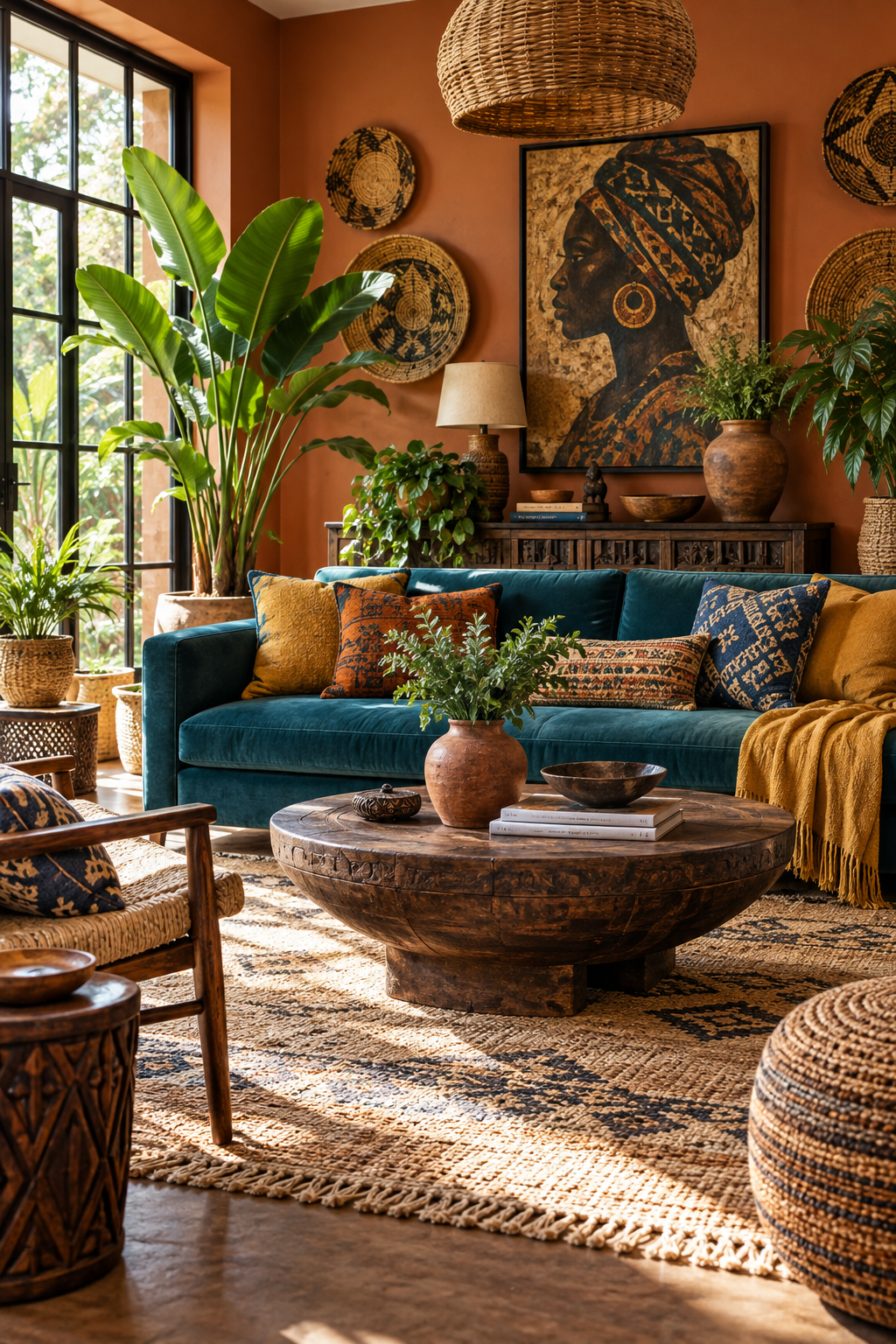 Colorful Afrobohemian living room with teal sofa, saffron textiles, terracotta walls and carved wood table