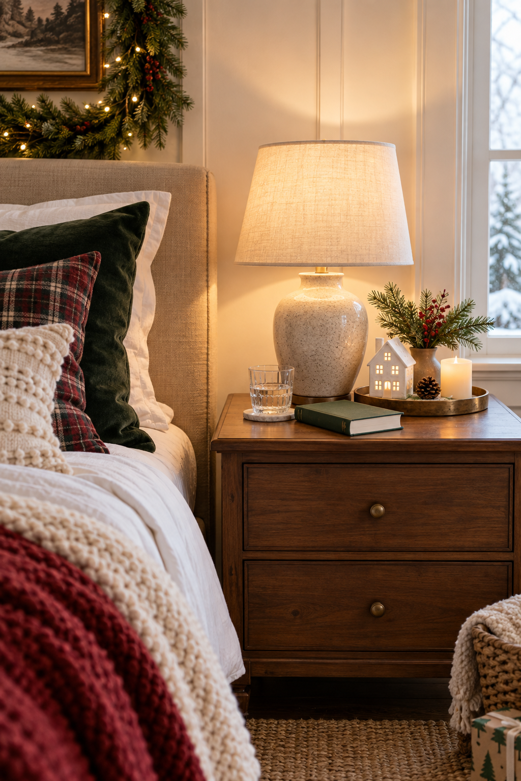 Christmas bedroom nightstand with ceramic house, greenery and battery-operated candle