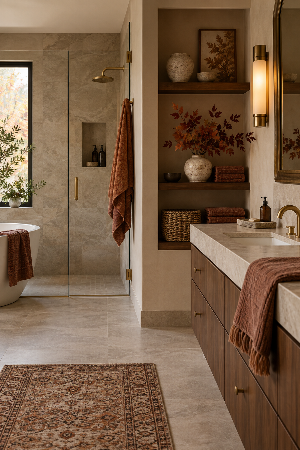 Autumn branches on bathroom shelf