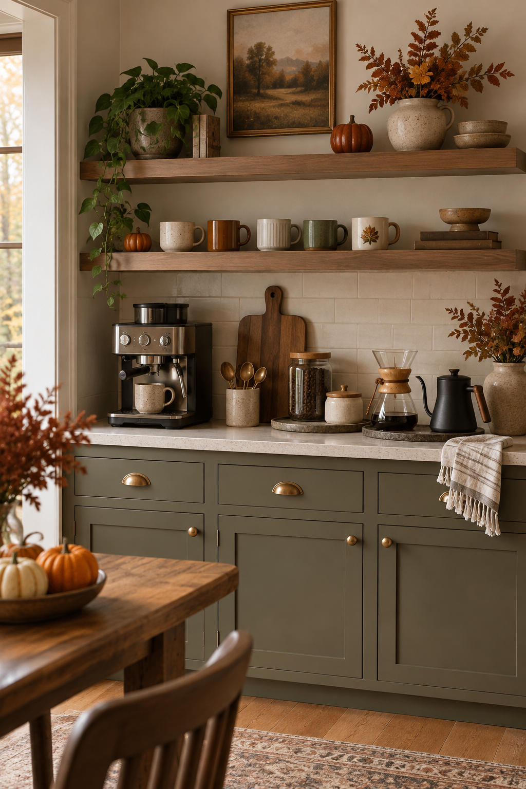 Floating shelves above a cozy fall coffee bar