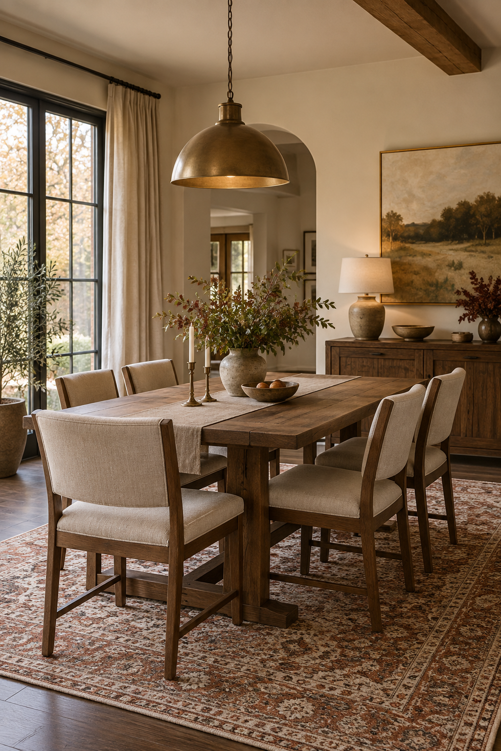 Low pile rug beneath a fall dining table