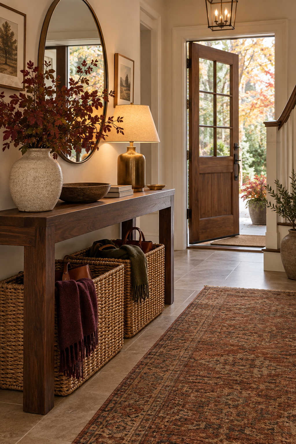Woven baskets beneath fall entry console