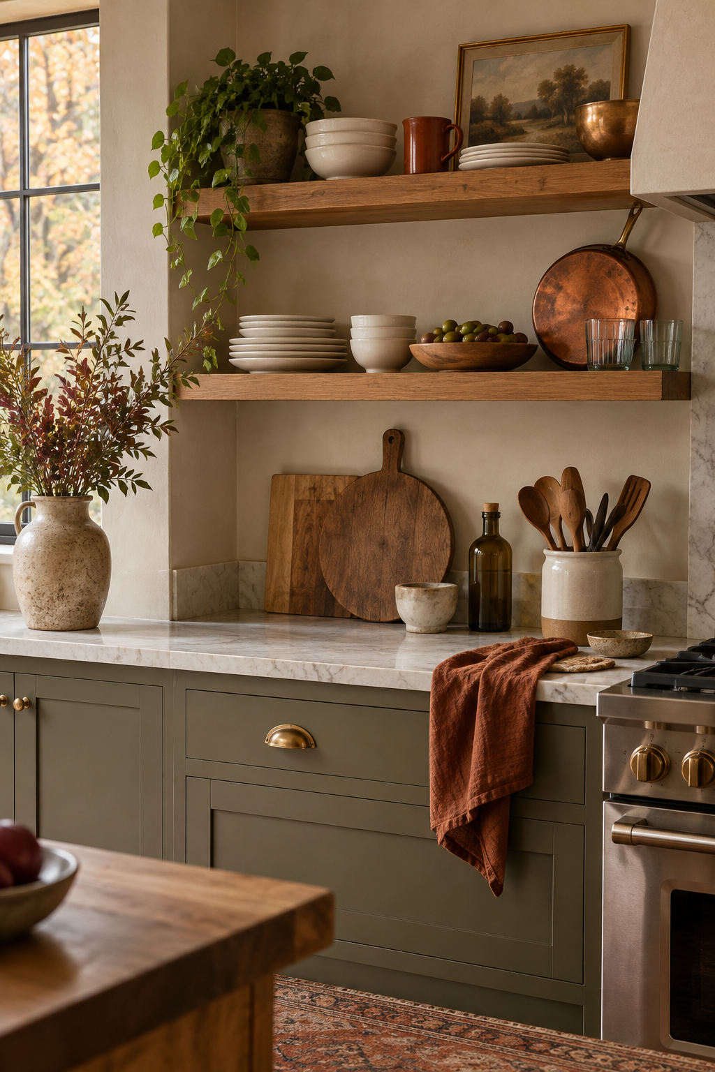 Restrained fall open kitchen shelves