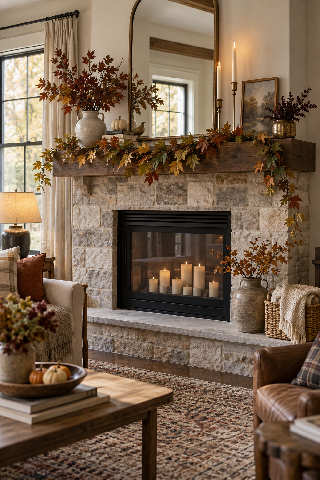 Simple autumn leaf garland on a mantel