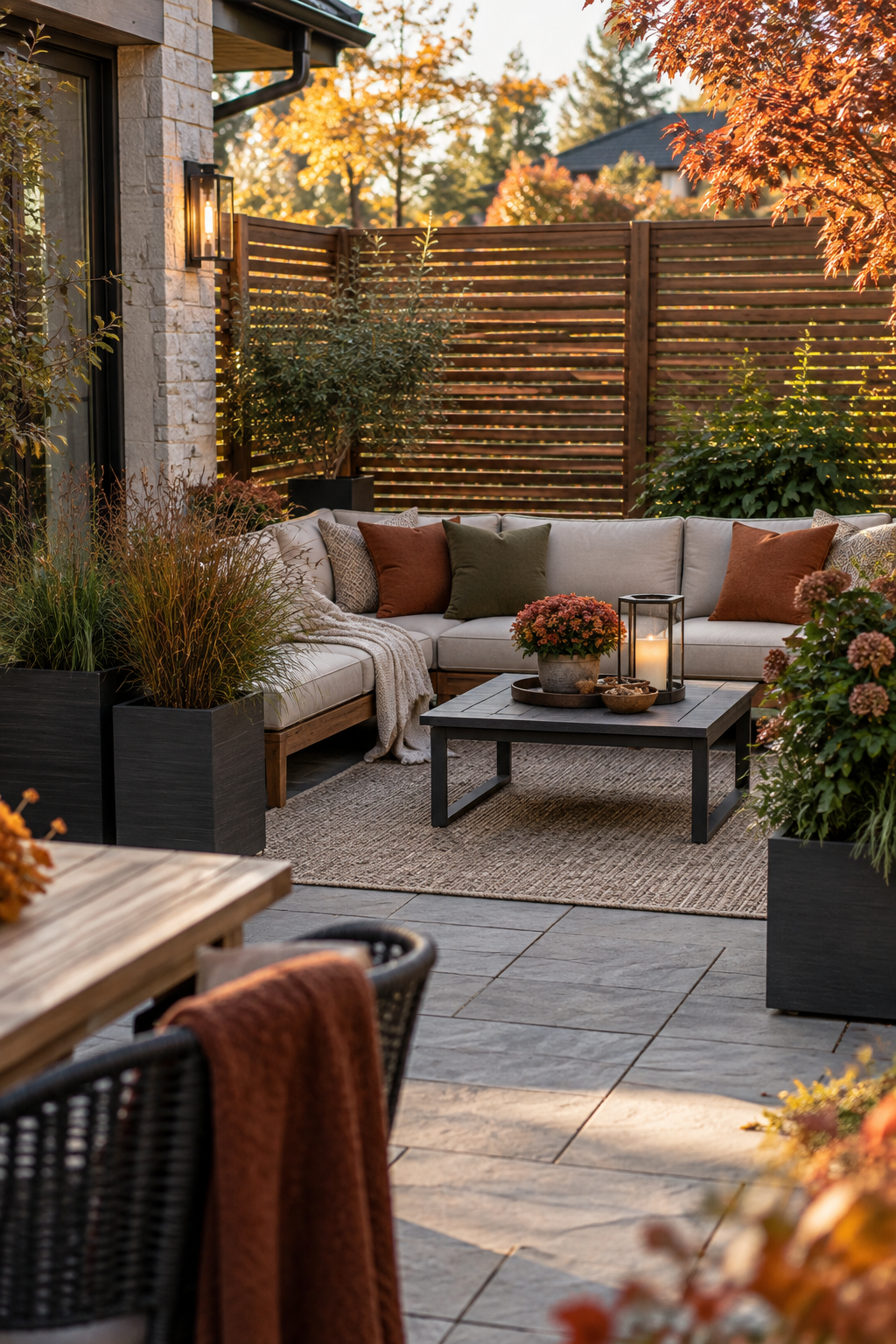 Tall planters creating privacy on a fall patio