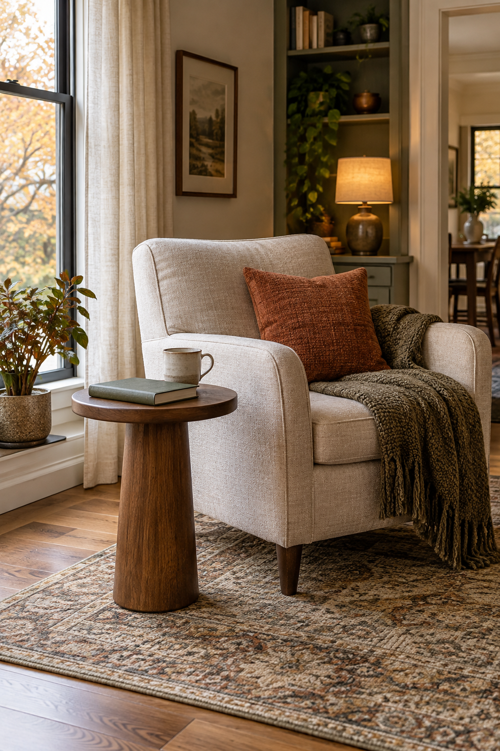 Small round side table beside a reading chair
