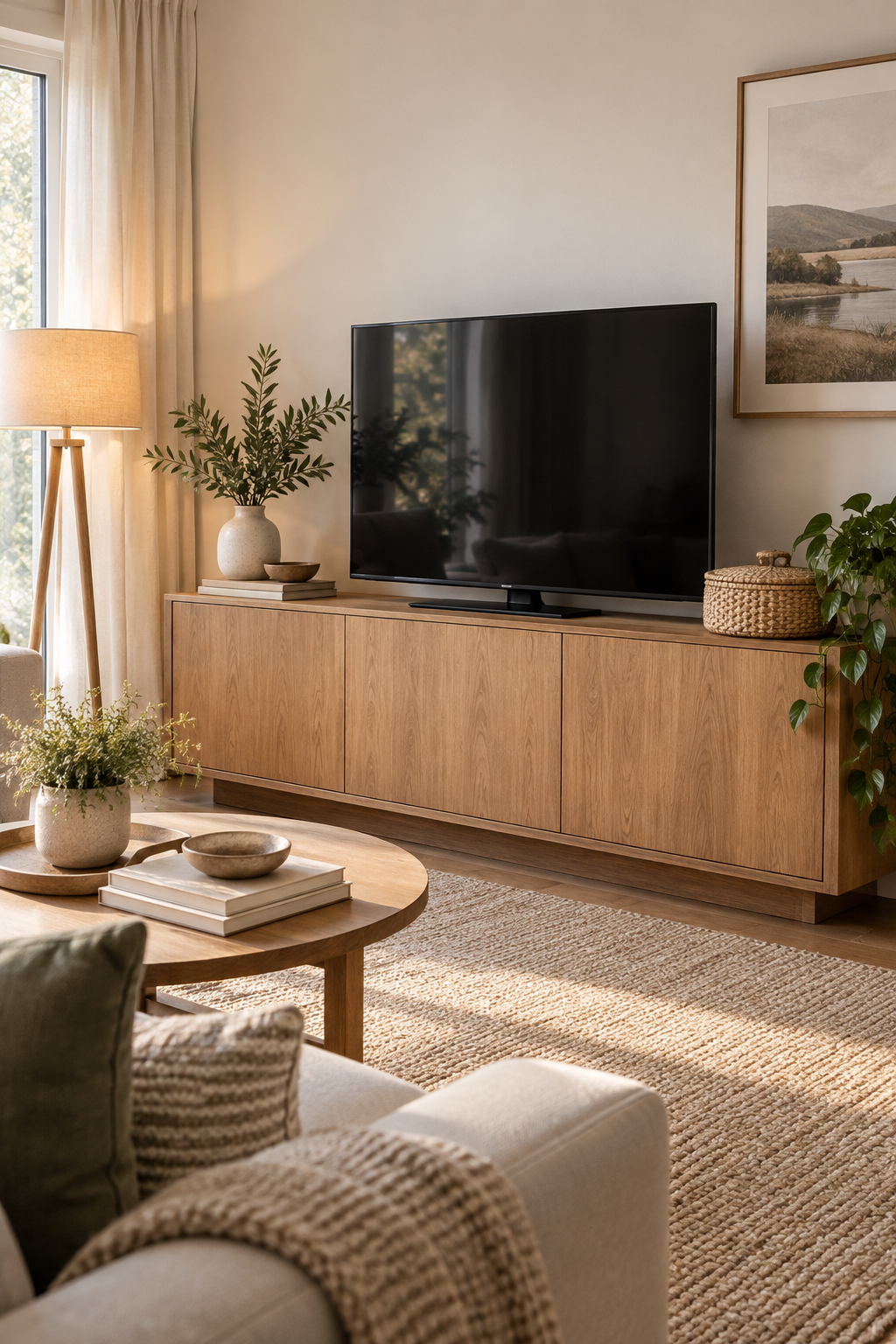A modest media cabinet providing attractive closed storage