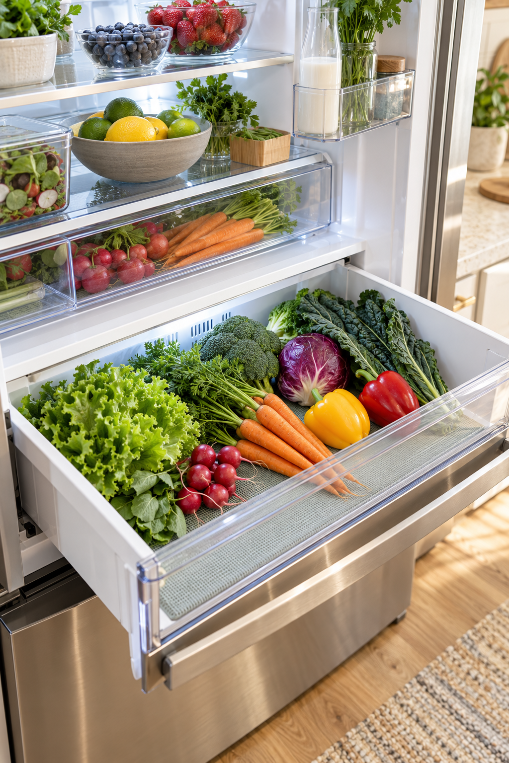 Line Drawers with Washable Mats in a clean organized refrigerator