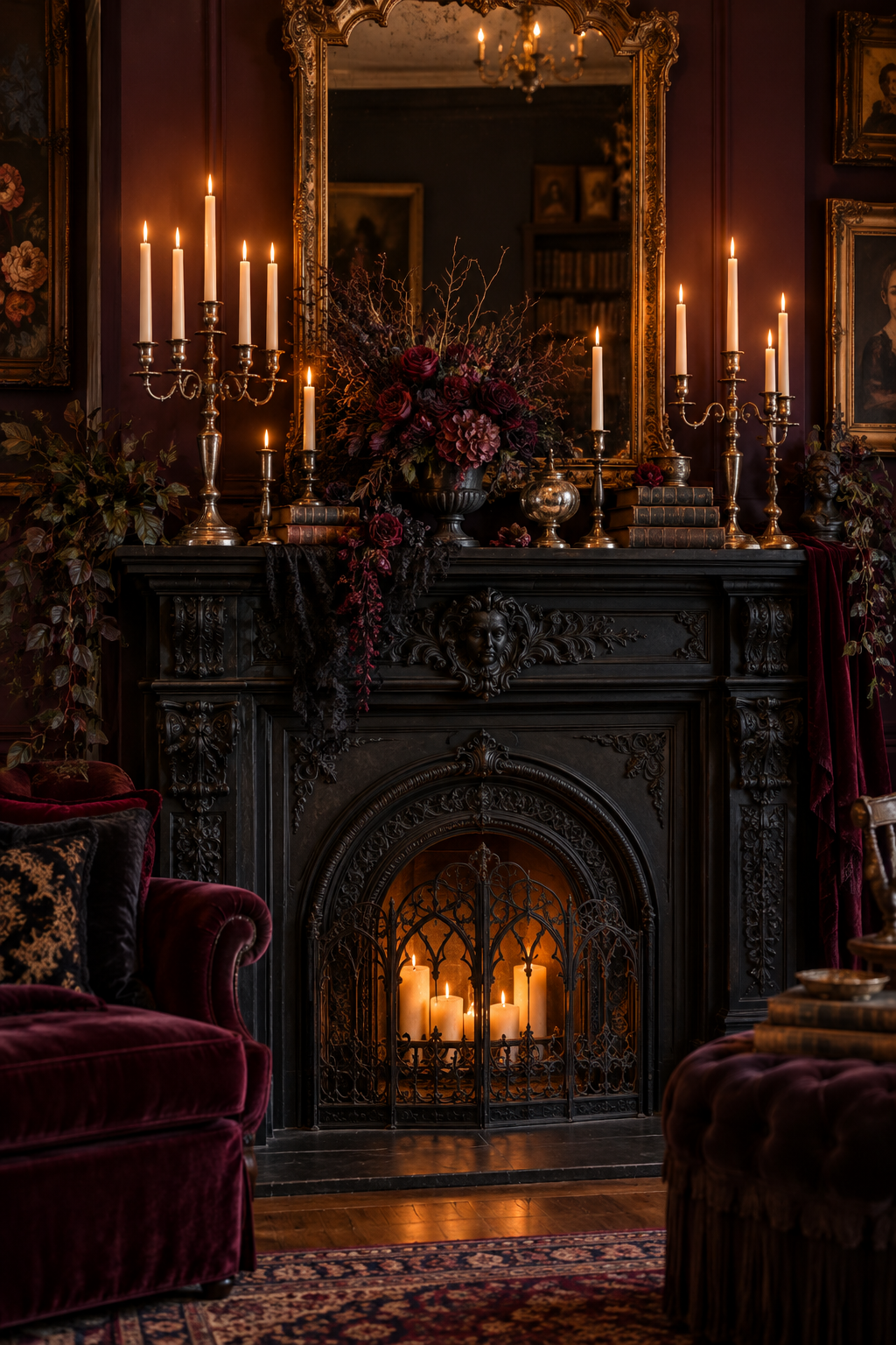 Arrange Tarnished Silver Candelabras styled as gothic Victorian Halloween mantel ideas