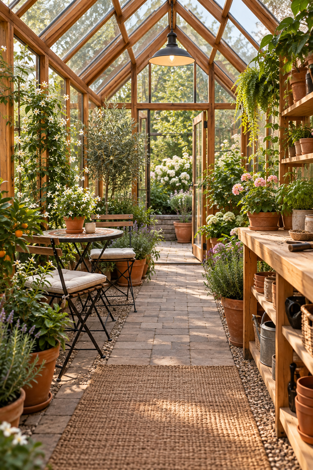 Add a Small Café Table inside a beautiful garden greenhouse