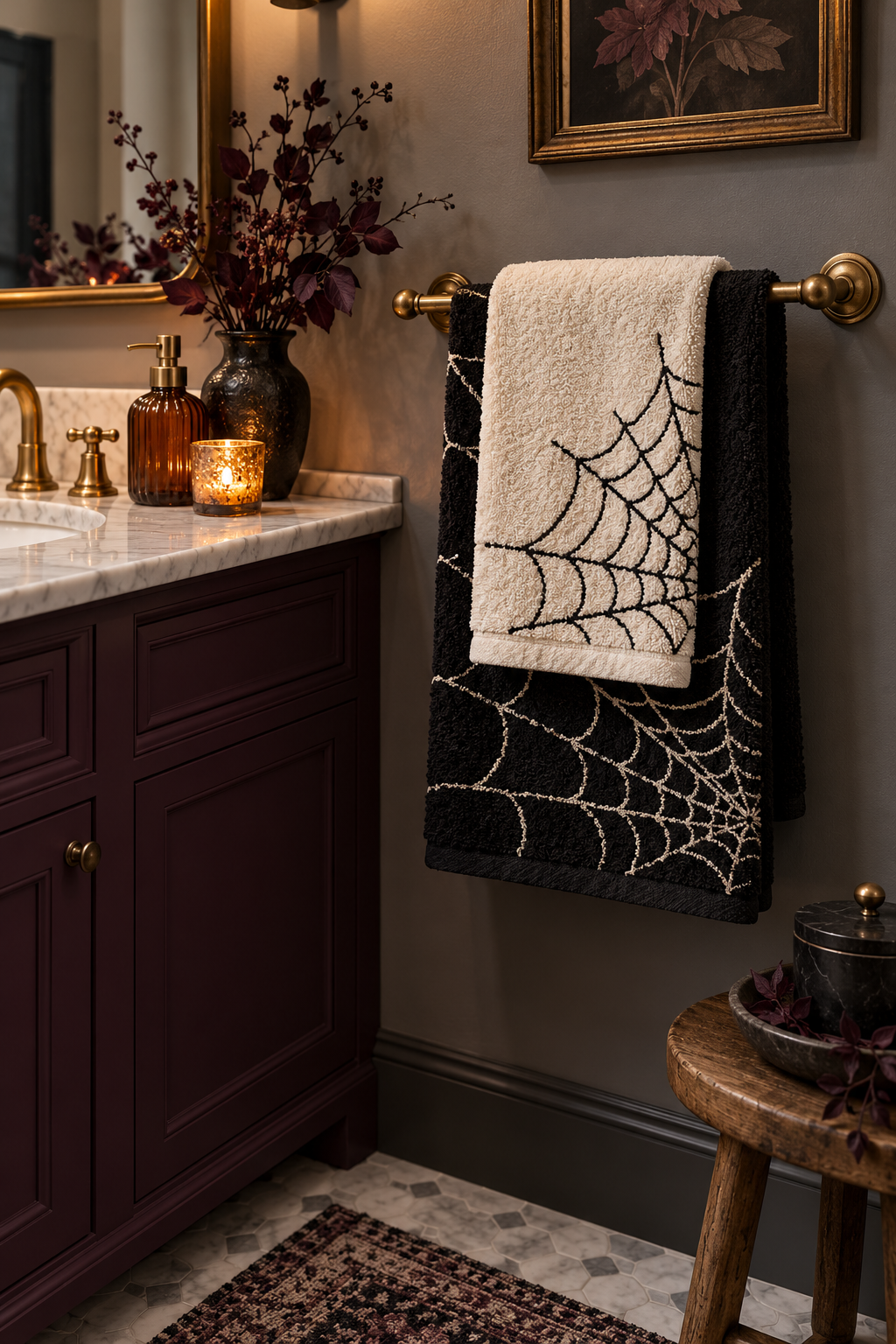 Use Washable Spiderweb Towels styled as Halloween bathroom decor ideas
