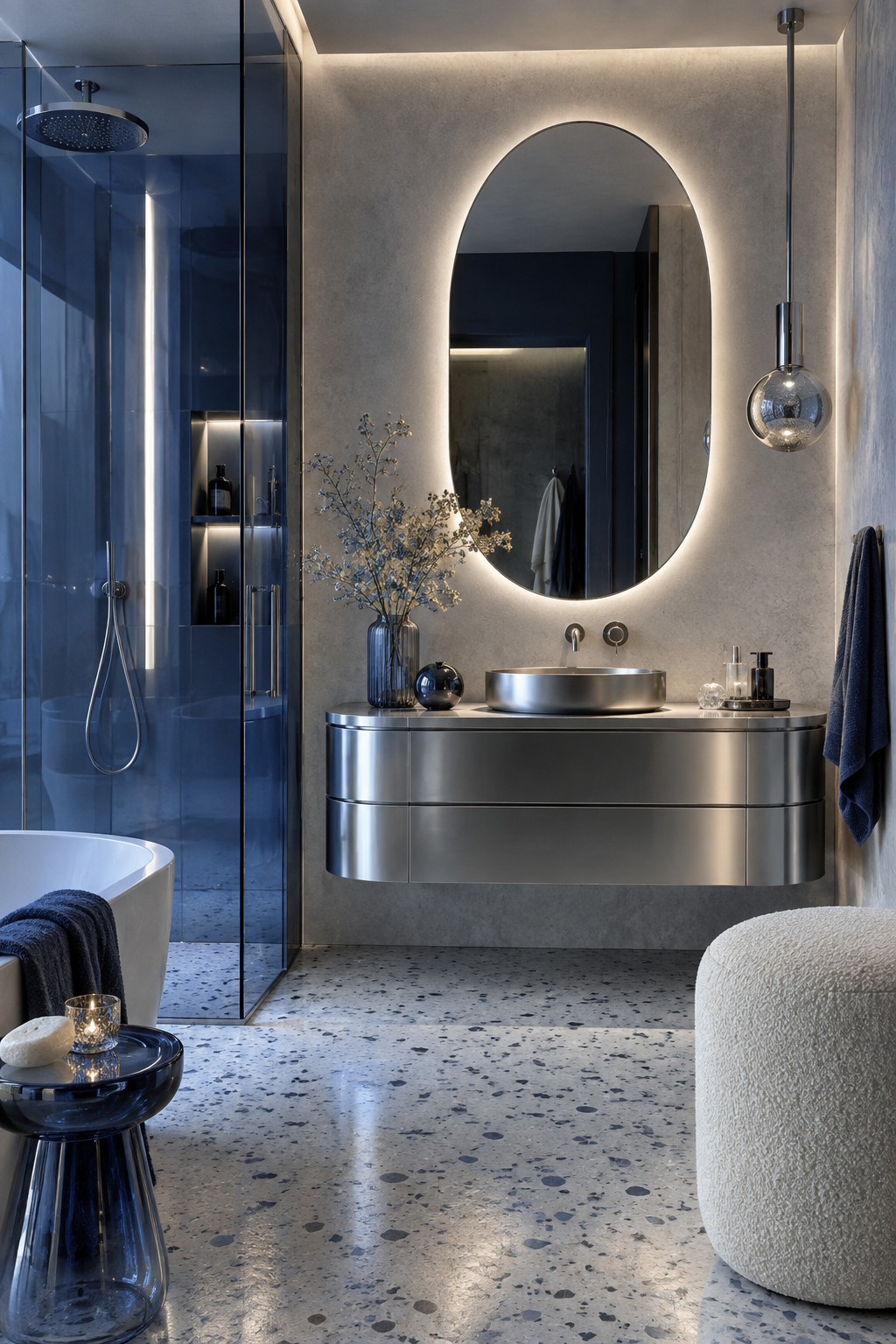 Icy blue bathroom with silver vanity and circular mirror