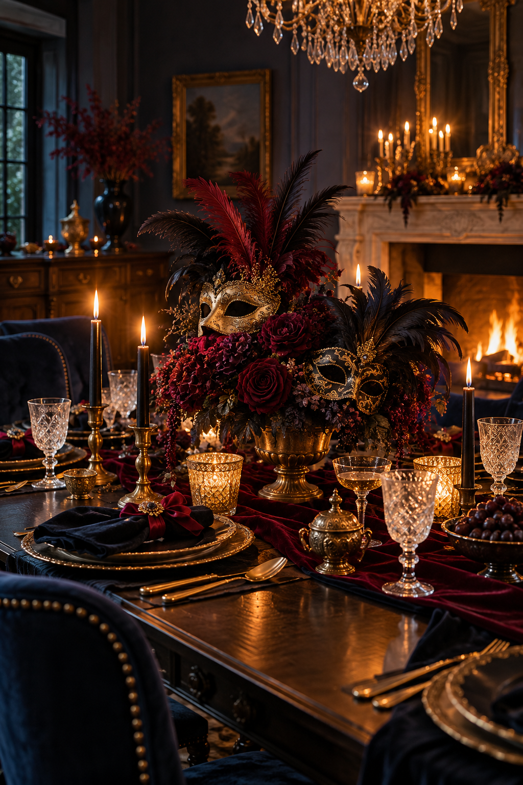 Add Feathered Masks to the Centerpiece styled as Halloween masquerade tablescape ideas