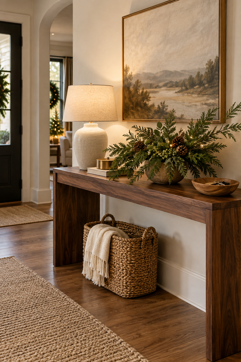Wood console table with a restrained evergreen garland and warm Christmas lights
