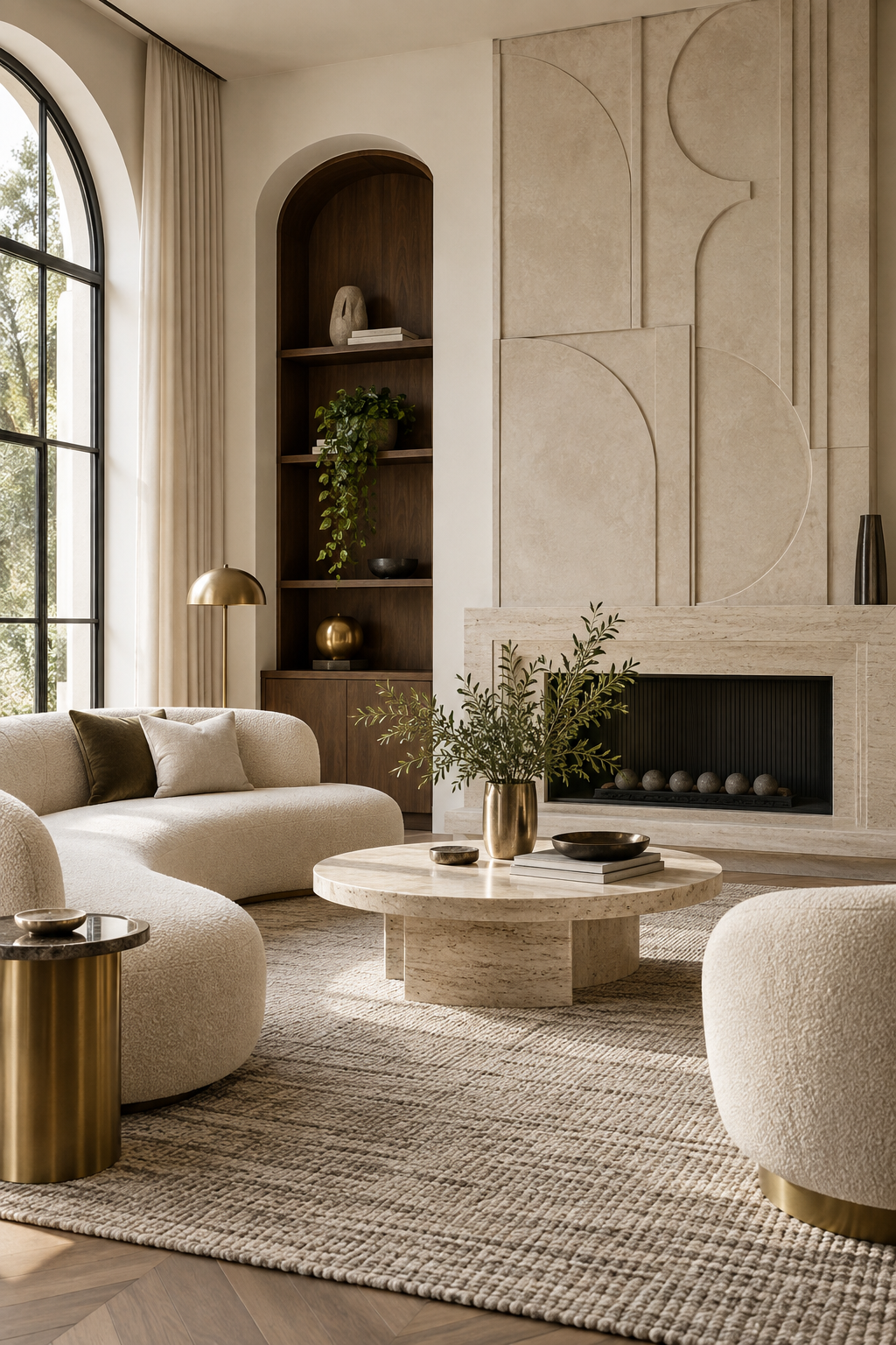 Neutral Neo Deco living room in ivory, walnut and soft brass