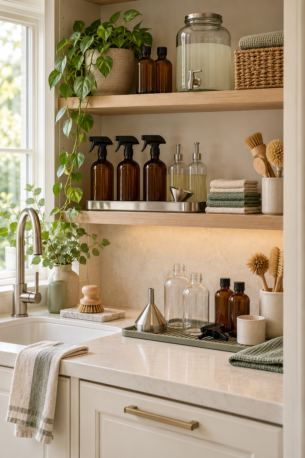 Keep Refillable Products in One Zone in an organized naturally minded cleaning station