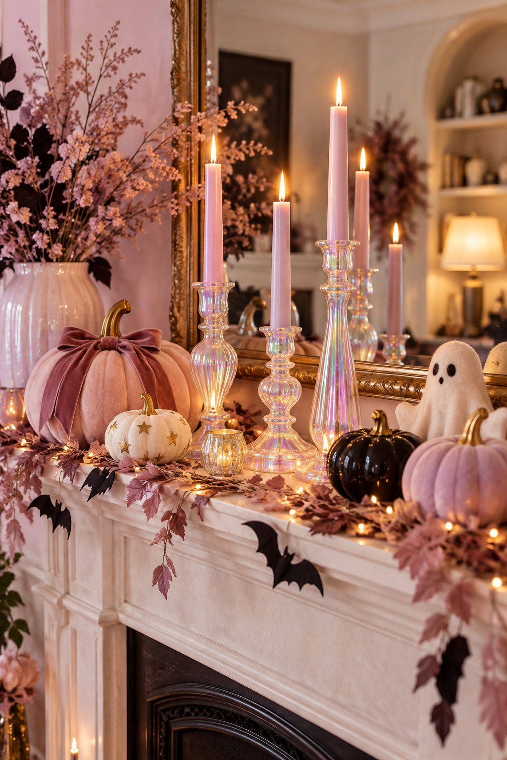 Add Iridescent Candleholders styled as pink Halloween decor ideas