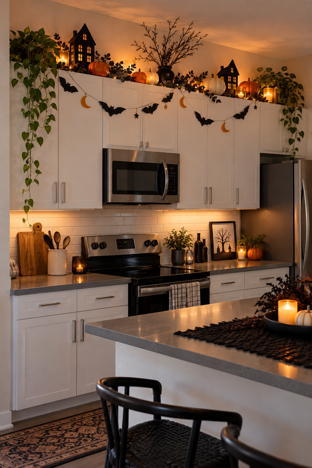 Decorate above Kitchen Cabinets styled as Halloween apartment decor ideas