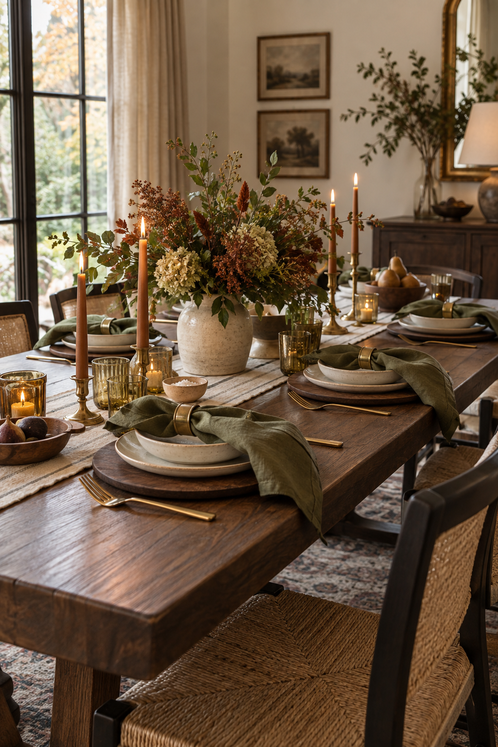 Olive and walnut autumn tablescape