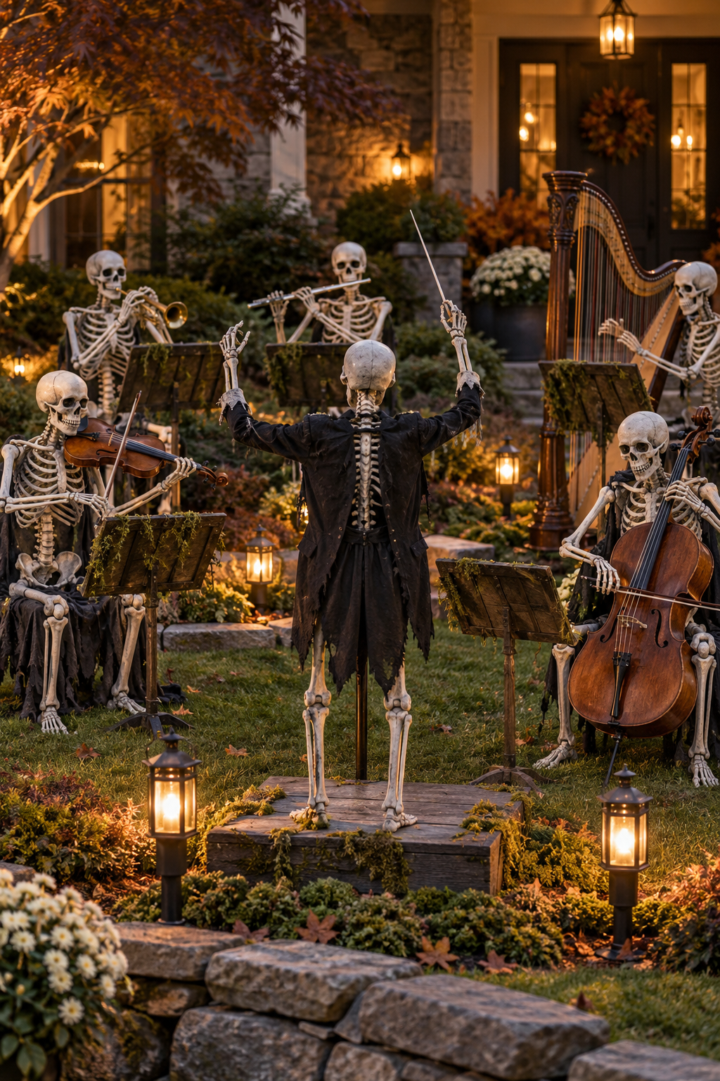 Build a Front-Lawn Orchestra styled as skeleton yard display ideas