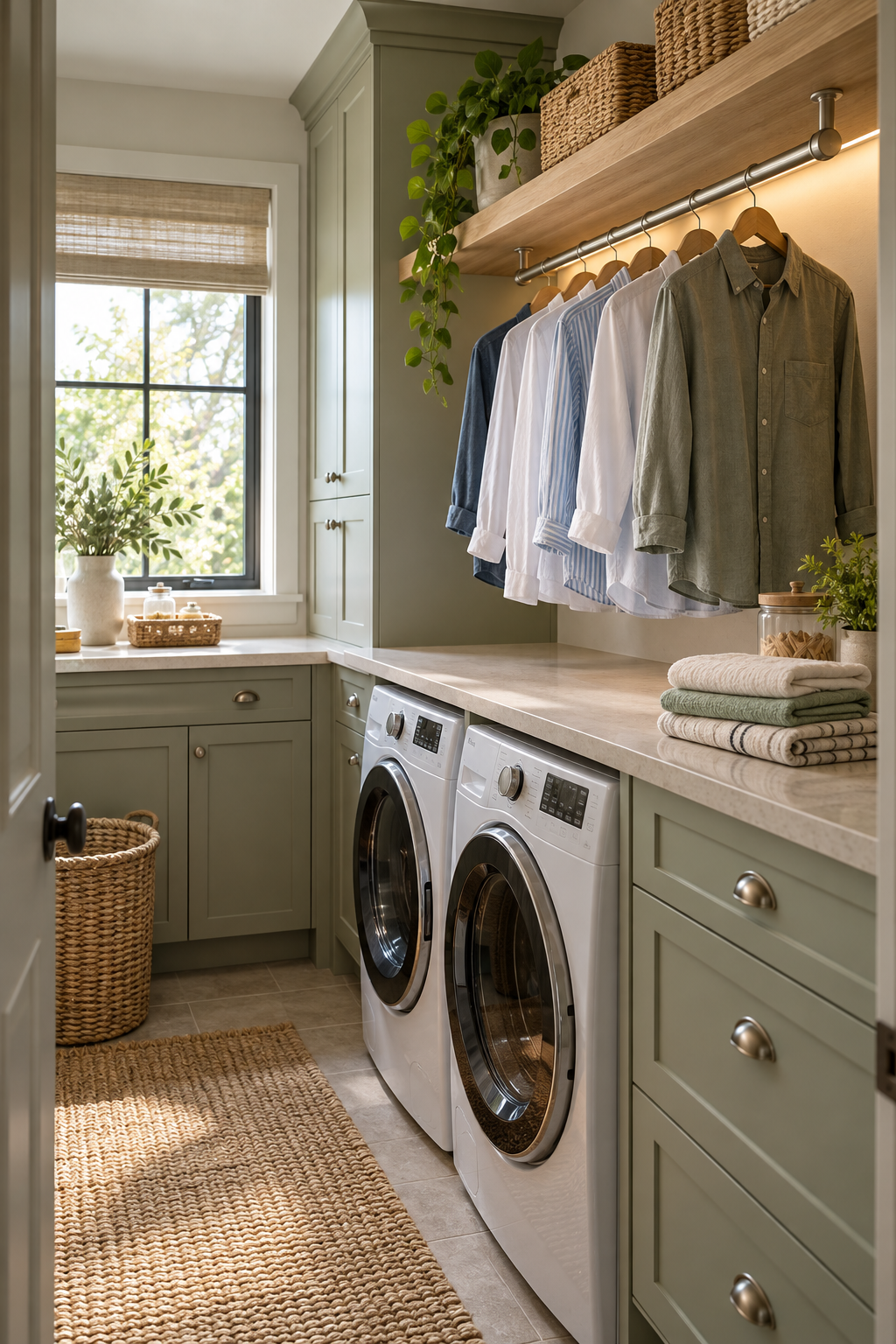 Add a Hanging Rail beneath a Shelf in a compact organized laundry room