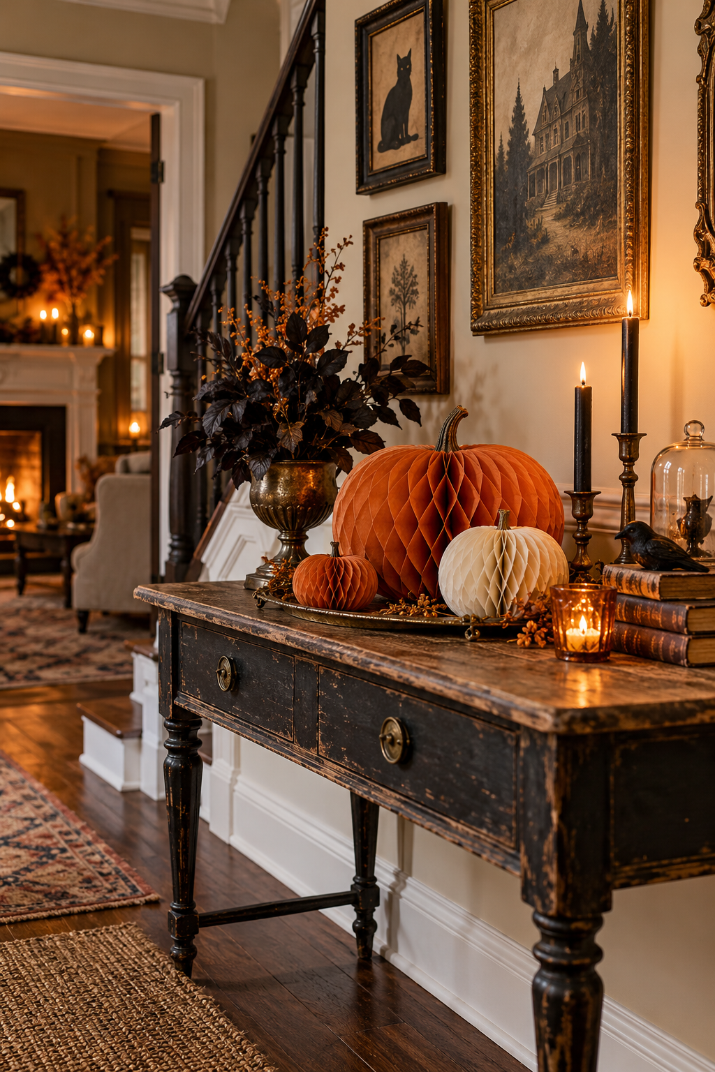 Use Honeycomb Paper Pumpkins styled as vintage Halloween decor ideas