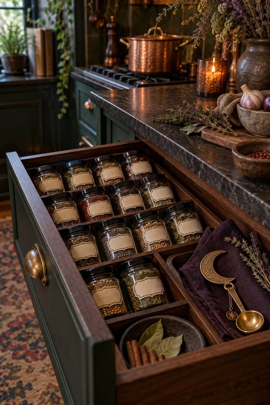 Create a Witchy Spice Drawer styled as witchy kitchen decor ideas