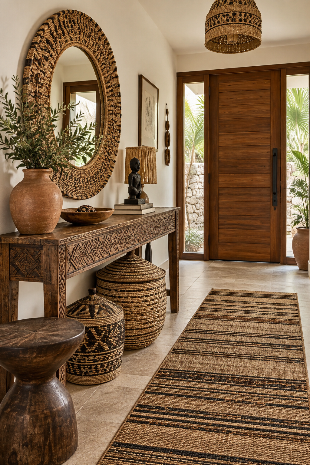 Afrobohemian entryway with carved console, woven mirror, lidded baskets and striped runner