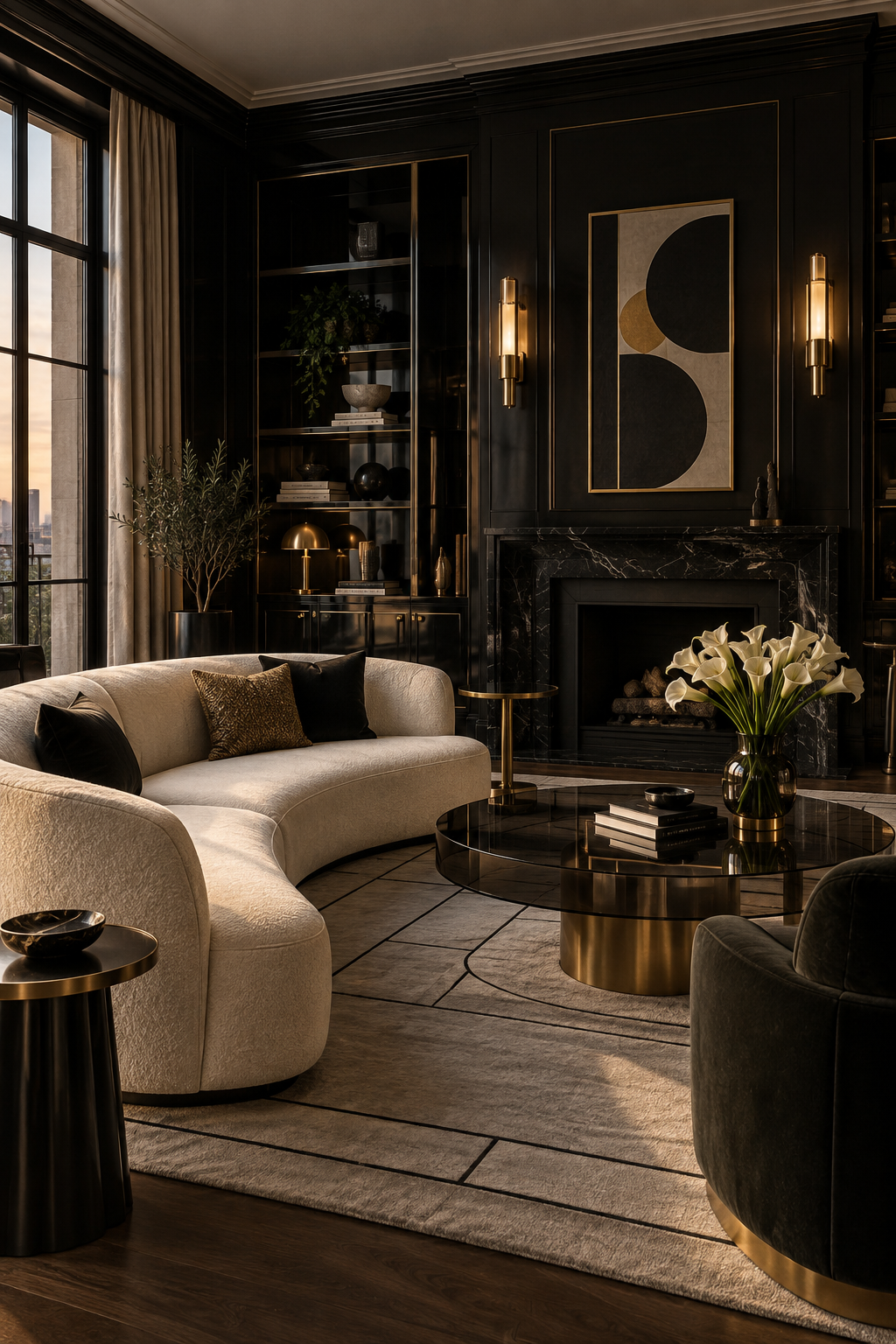 Dramatic black Neo Deco living room with brass details and cream seating