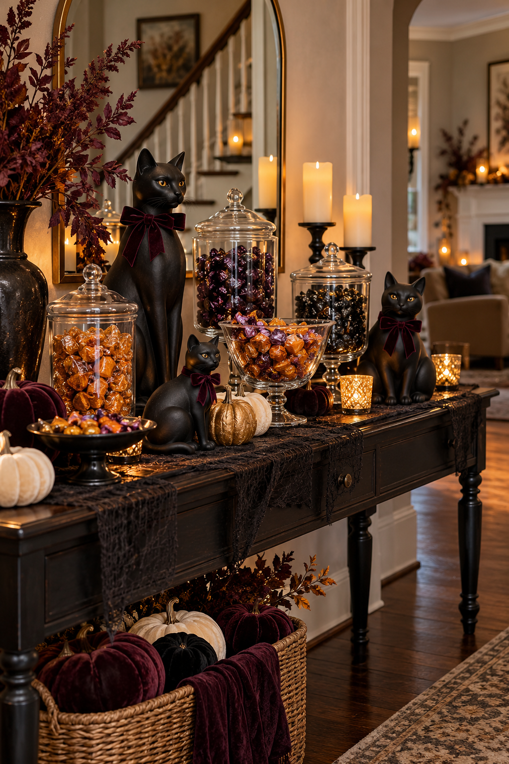 Style a Cat-Themed Candy Station styled as black cat Halloween decor ideas