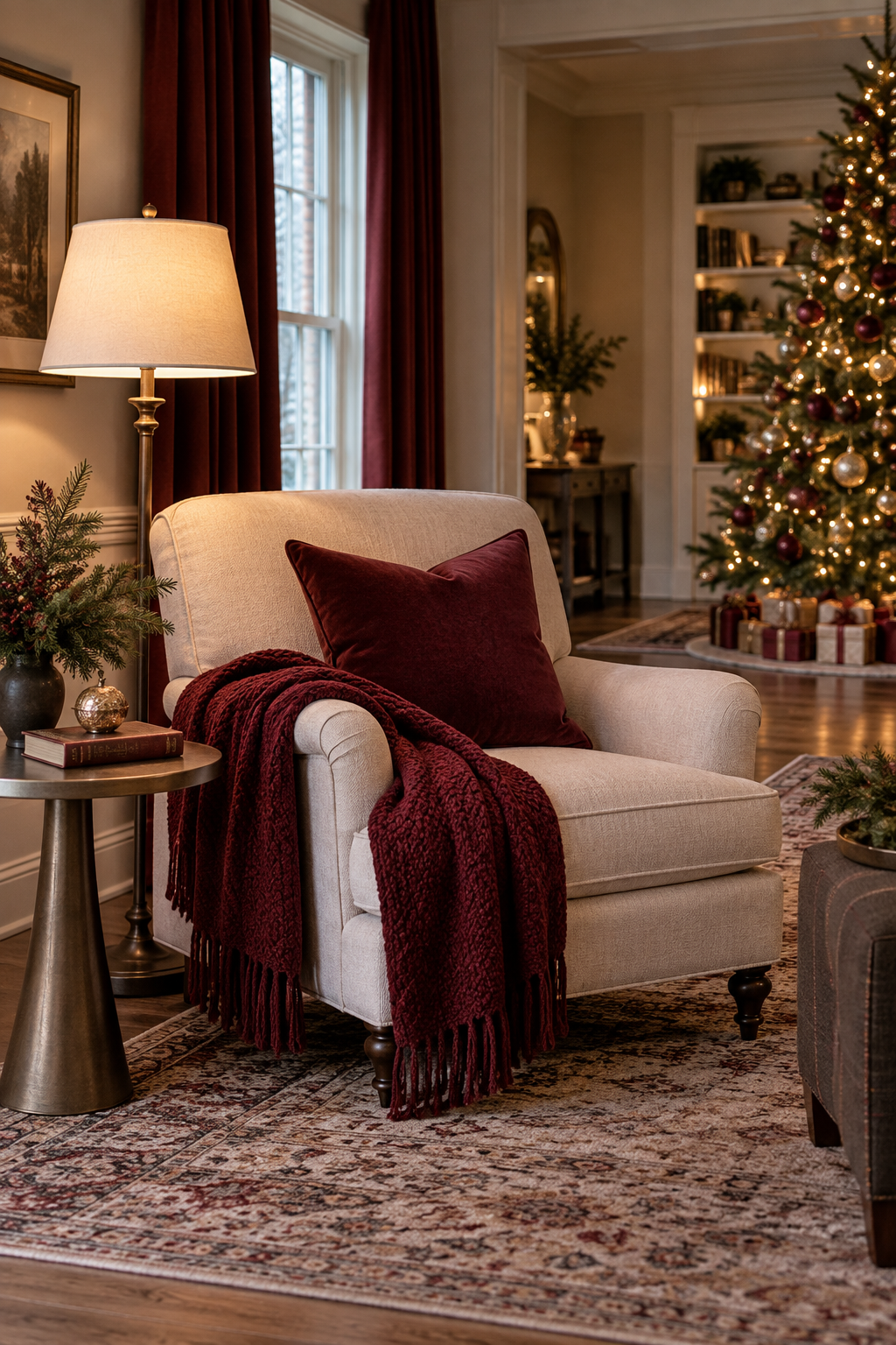 Cozy reading chair with burgundy throw beside Christmas tree and floor lamp
