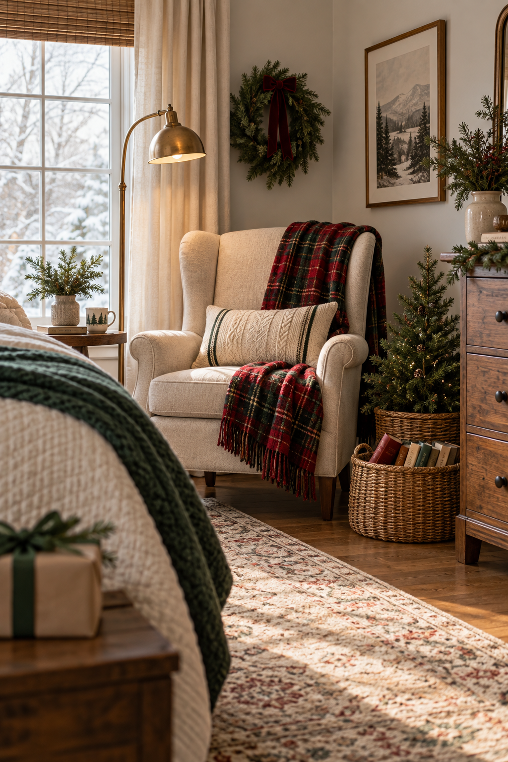 Cozy bedroom reading chair with plaid throw, lumbar pillow and small Christmas tree