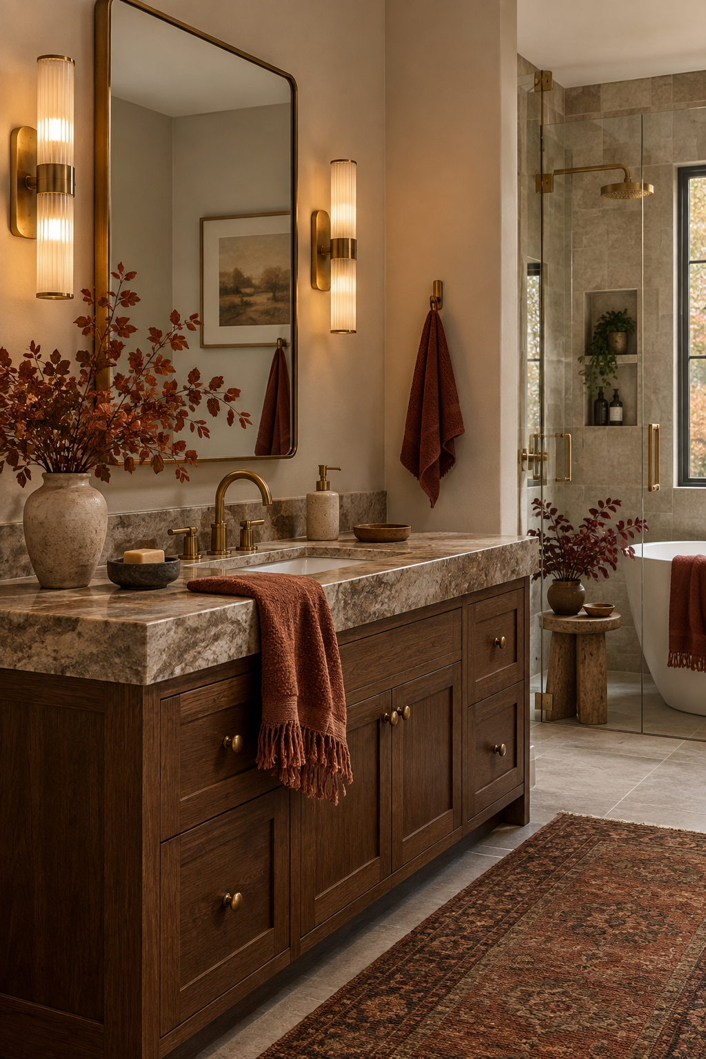 Warm mirror lighting in autumn bathroom
