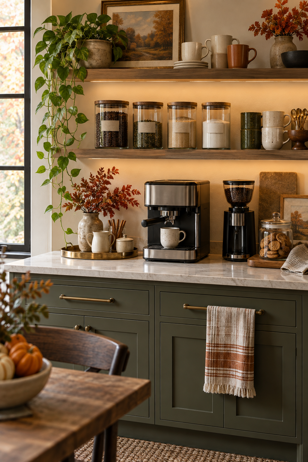 Airtight canisters at an organized coffee station
