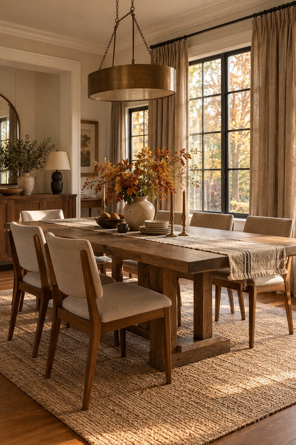 Warm curtains in an autumn dining room