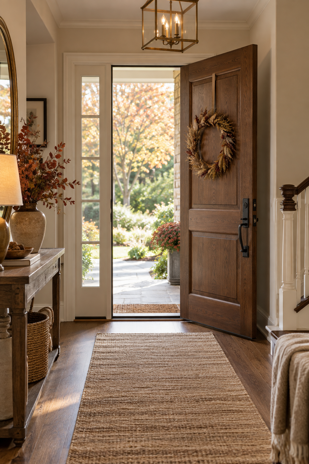 Simple indoor autumn wreath in entryway