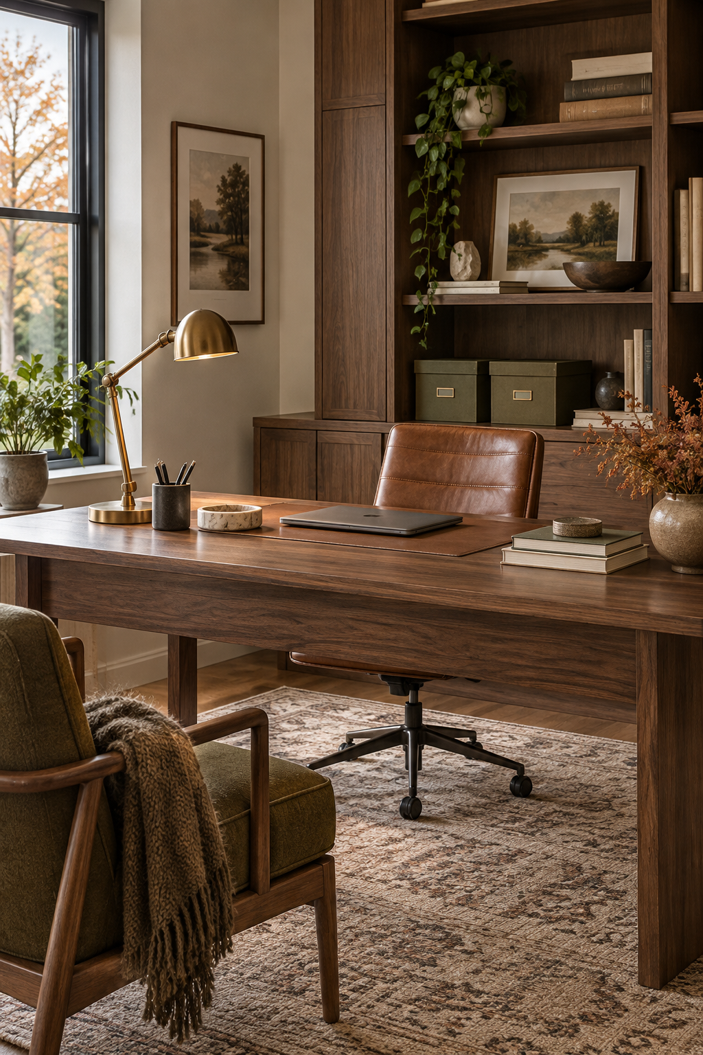 Olive and walnut fall workspace