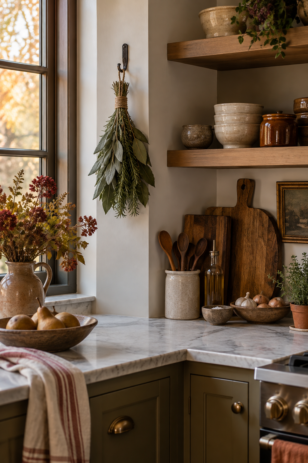Dried herb bundle in cozy kitchen